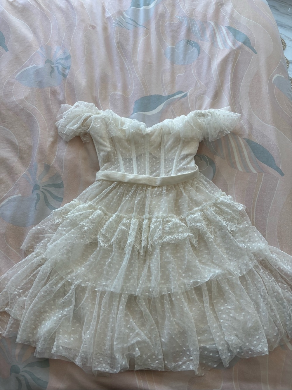 BCBGMaxAzria White Off-Shoulder Ruffled Tulle Dress